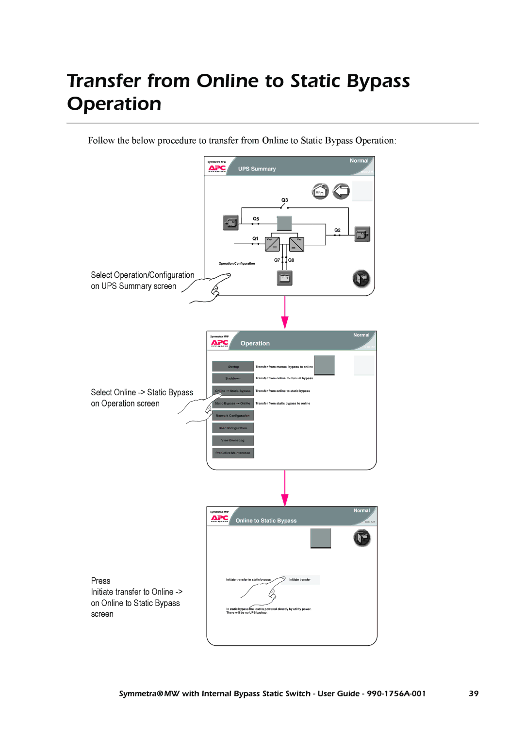 American Power Conversion Bypass Static manual Transfer from Online to Static Bypass Operation 