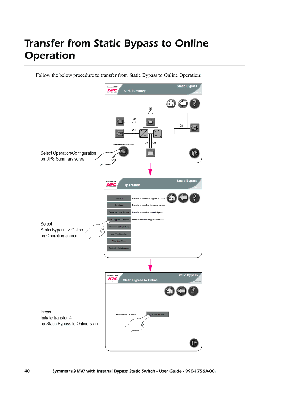 American Power Conversion Bypass Static manual Transfer from Static Bypass to Online Operation 