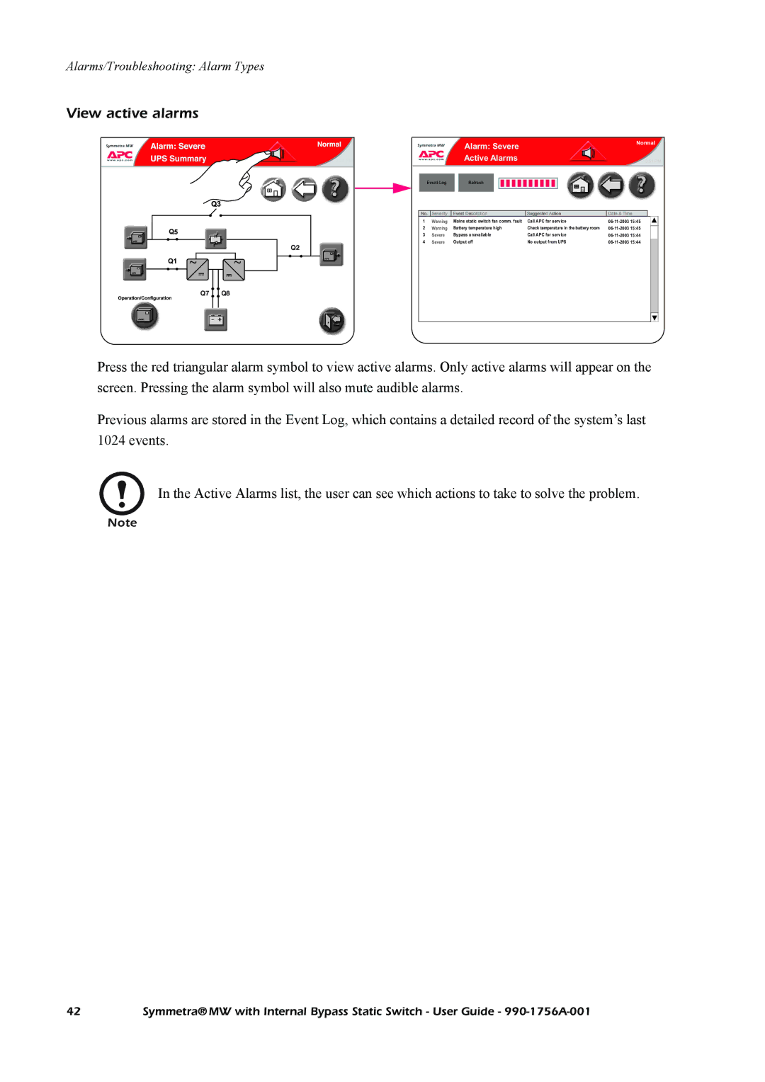 American Power Conversion Bypass Static manual View active alarms, Active Alarms 