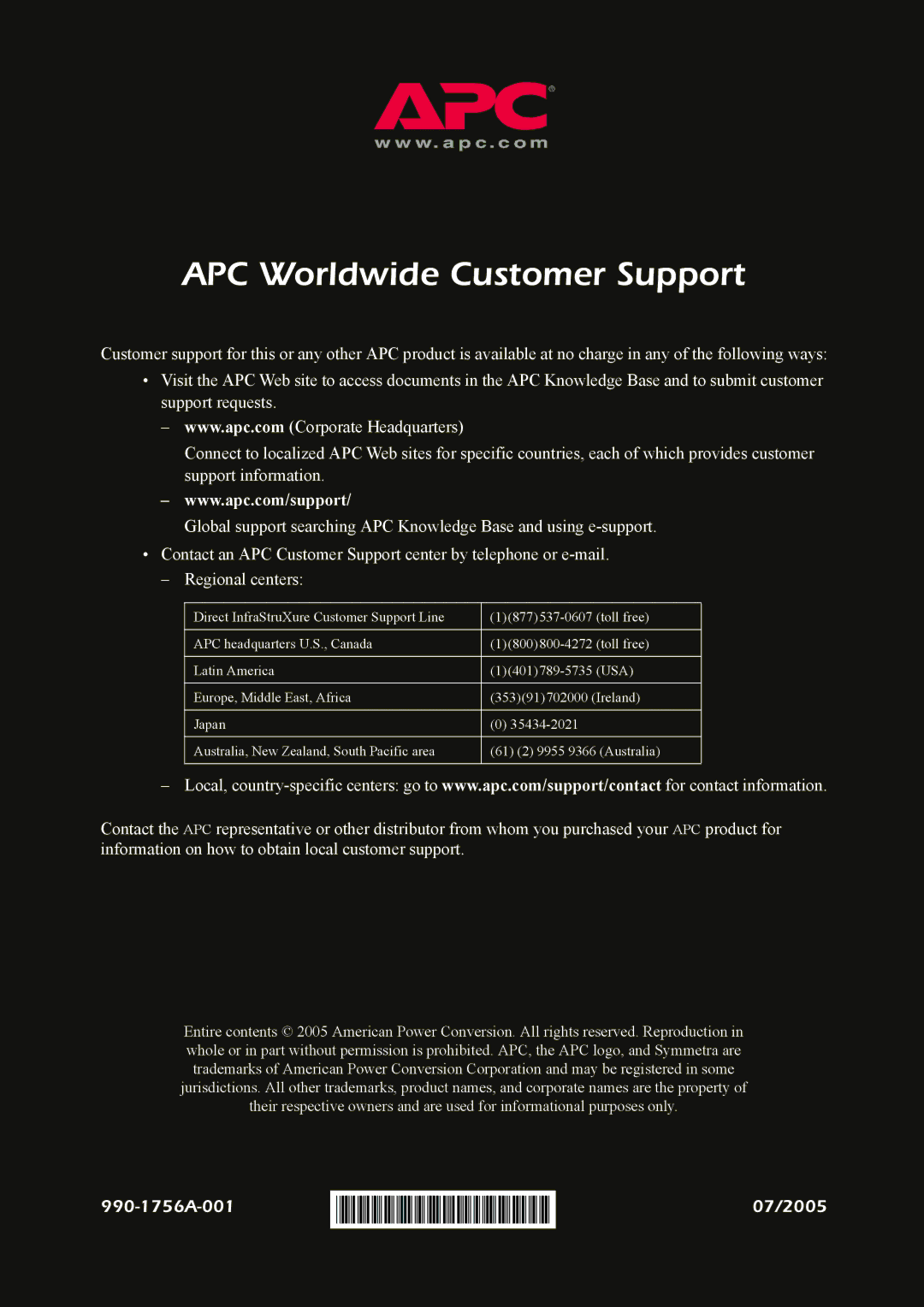 American Power Conversion Bypass Static manual APC Worldwide Customer Support 