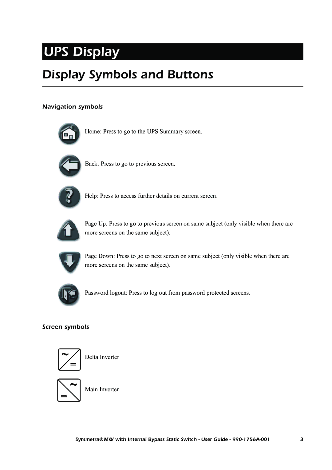 American Power Conversion Bypass Static manual UPS Display, Display Symbols and Buttons, Navigation symbols, Screen symbols 