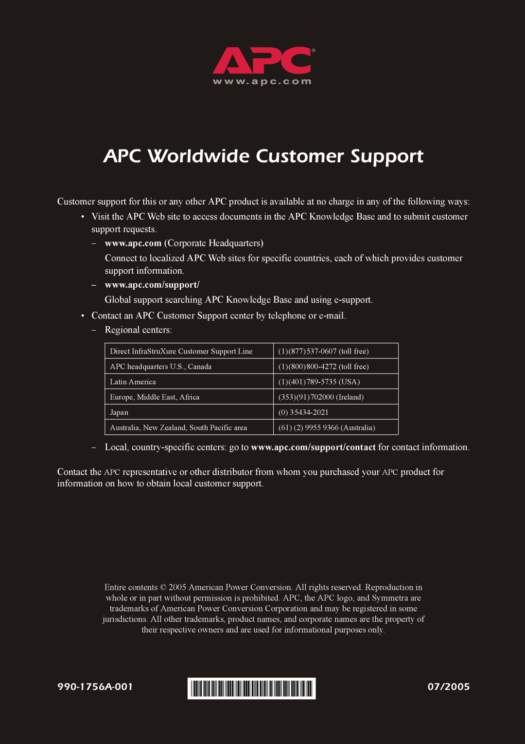 American Power Conversion Bypass Static manual 990-1756A-001, APC Worldwide Customer Support, 07/2005 