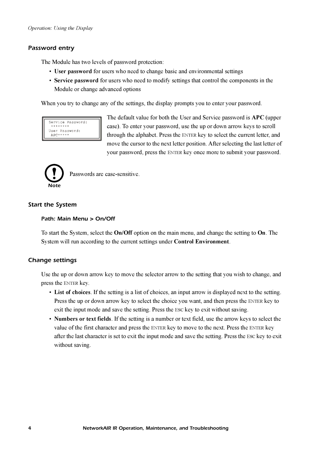 American Power Conversion Central Air Conditioning System manual Password entry, Start the System, Change settings 