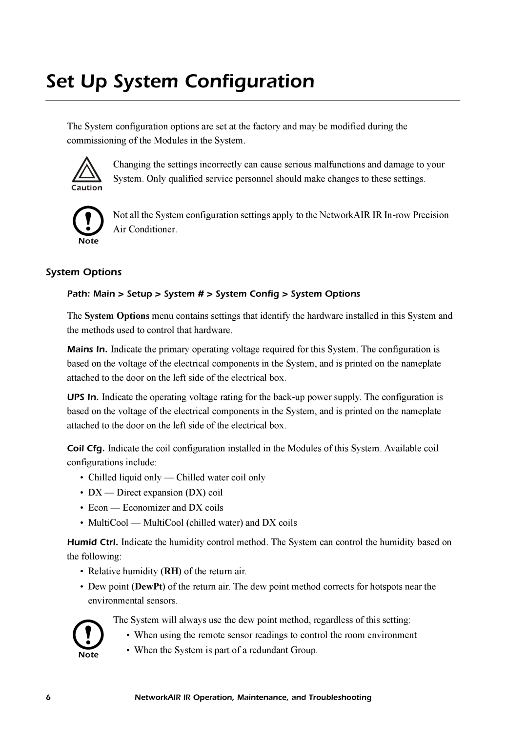 American Power Conversion Central Air Conditioning System manual Set Up System Configuration, System Options 