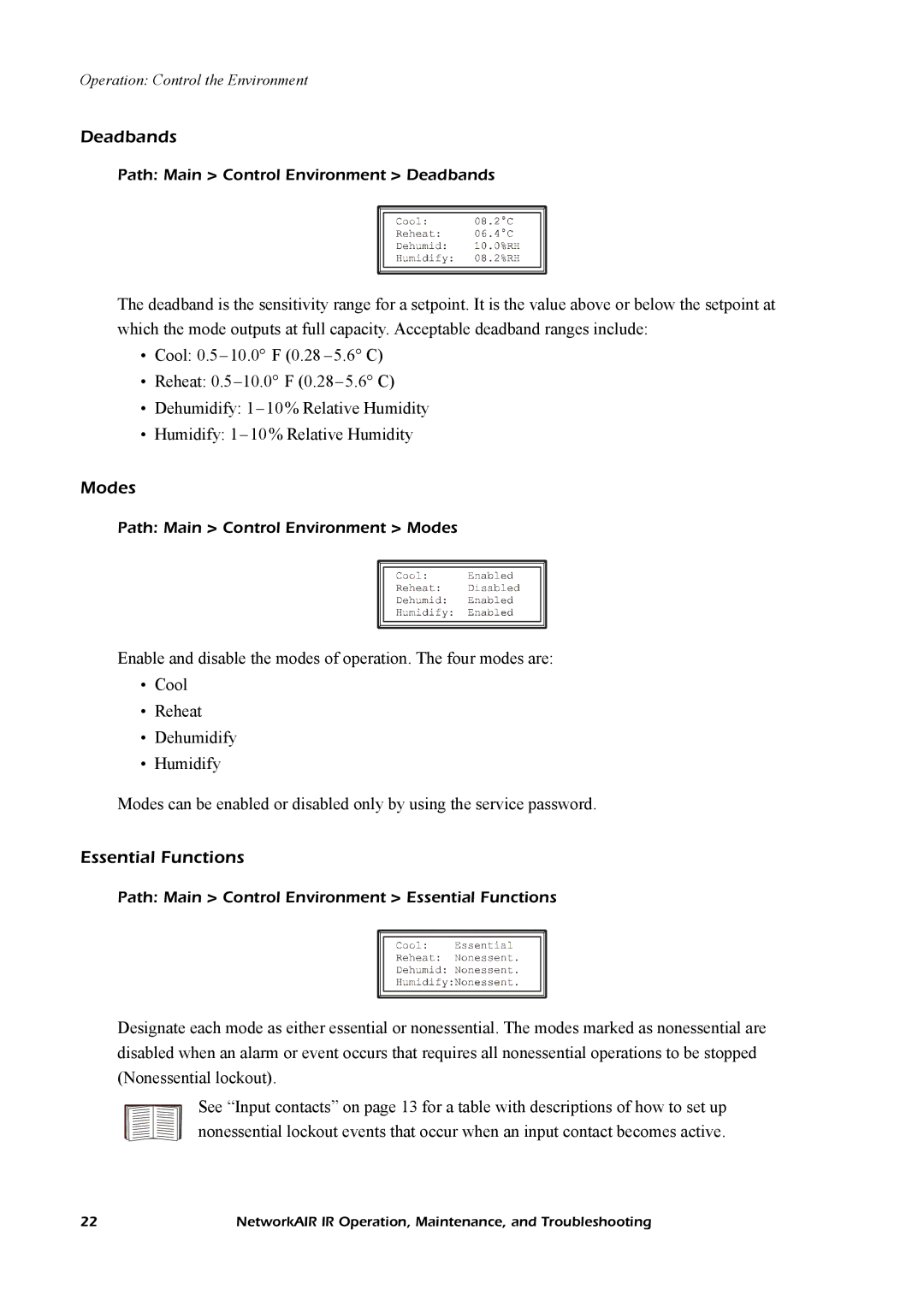 American Power Conversion Central Air Conditioning System manual Deadbands, Modes, Essential Functions 