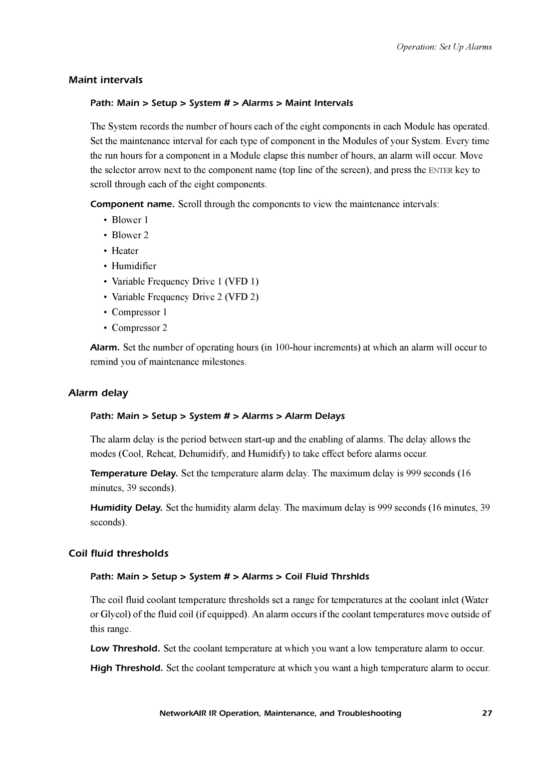 American Power Conversion Central Air Conditioning System manual Maint intervals, Alarm delay, Coil fluid thresholds 