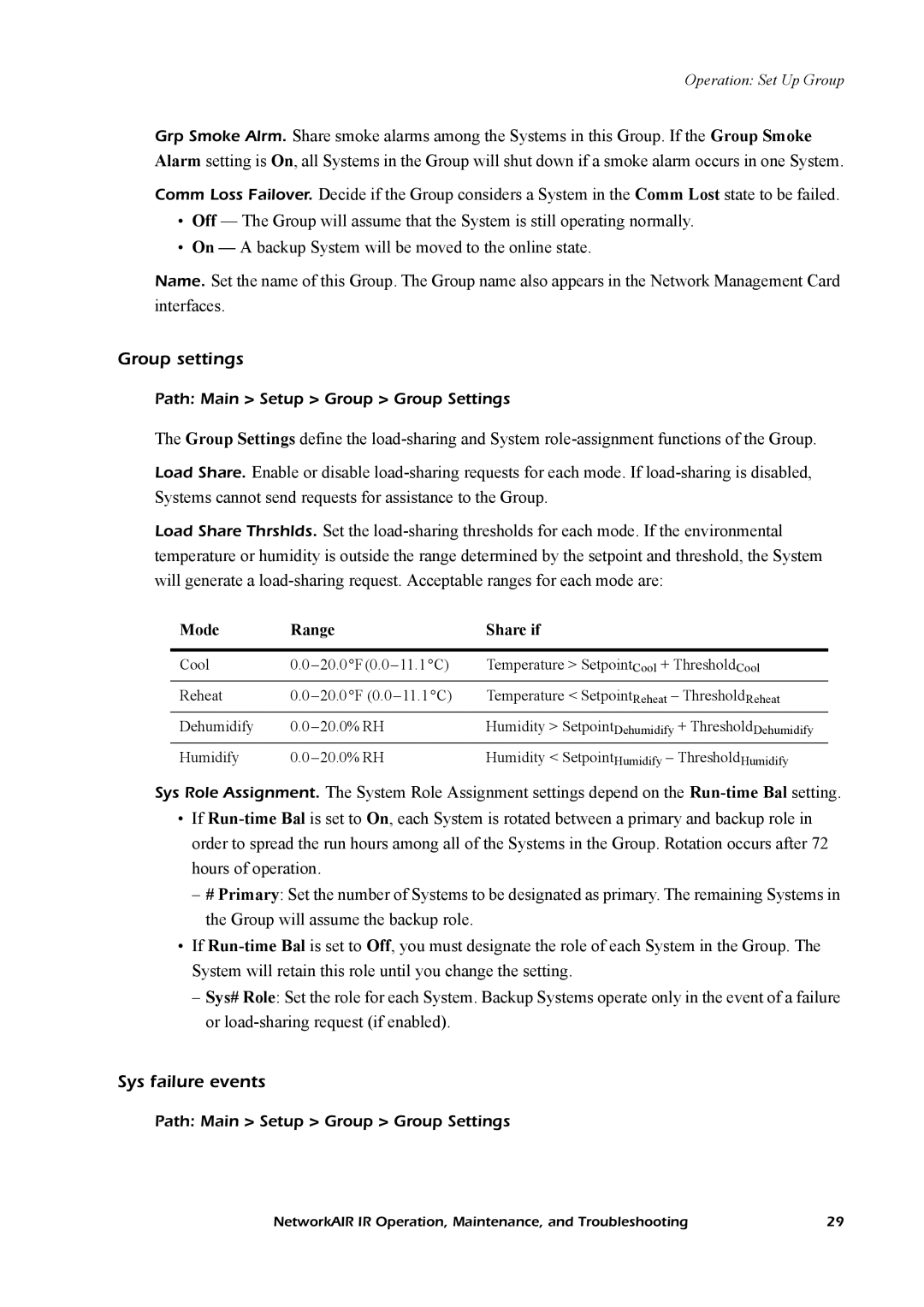 American Power Conversion Central Air Conditioning System manual Group settings, Sys failure events 