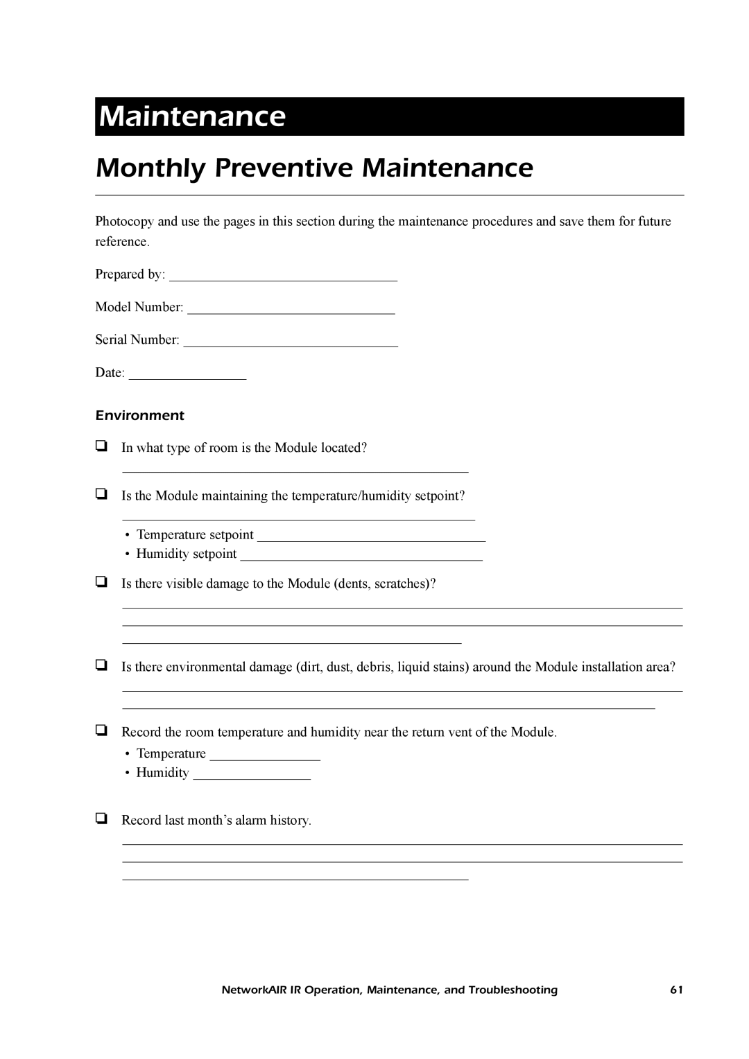 American Power Conversion Central Air Conditioning System manual Monthly Preventive Maintenance, Environment 