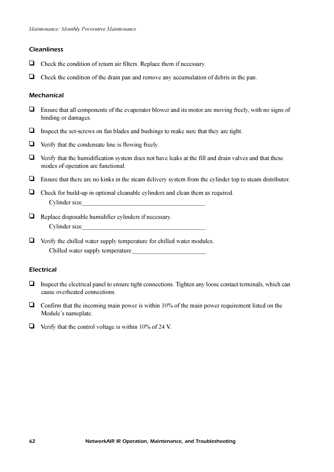 American Power Conversion Central Air Conditioning System manual Cleanliness, Mechanical, Electrical 