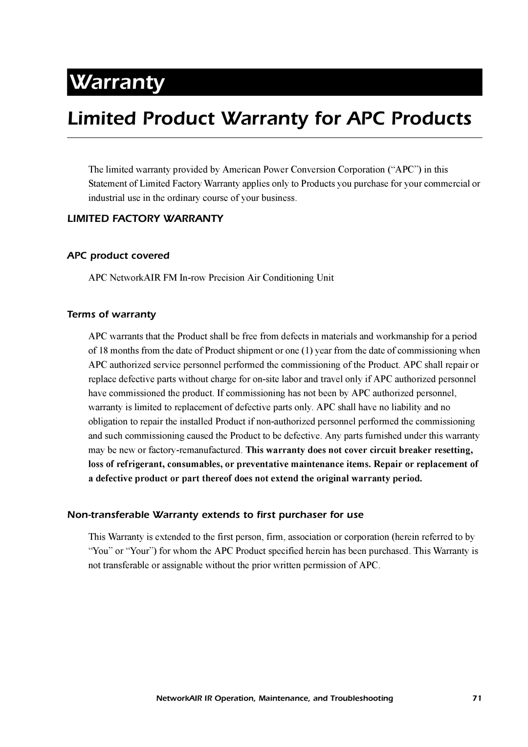 American Power Conversion Central Air Conditioning System Limited Product Warranty for APC Products, APC product covered 