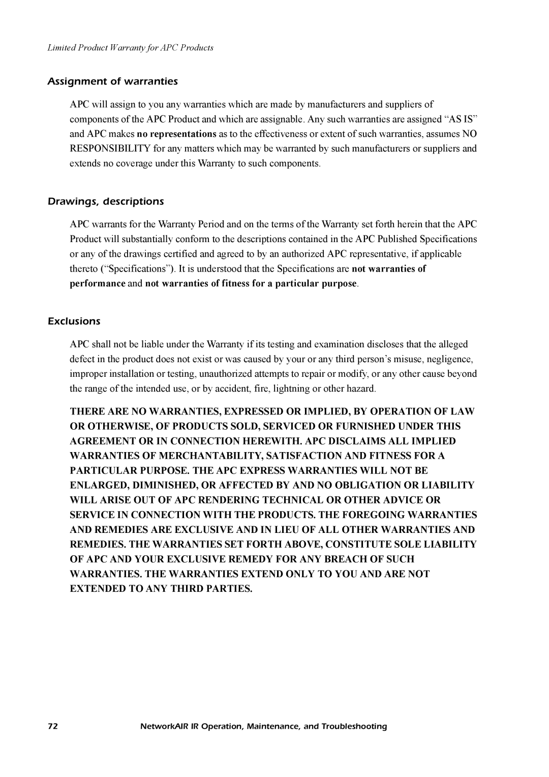 American Power Conversion Central Air Conditioning System Assignment of warranties, Drawings, descriptions, Exclusions 