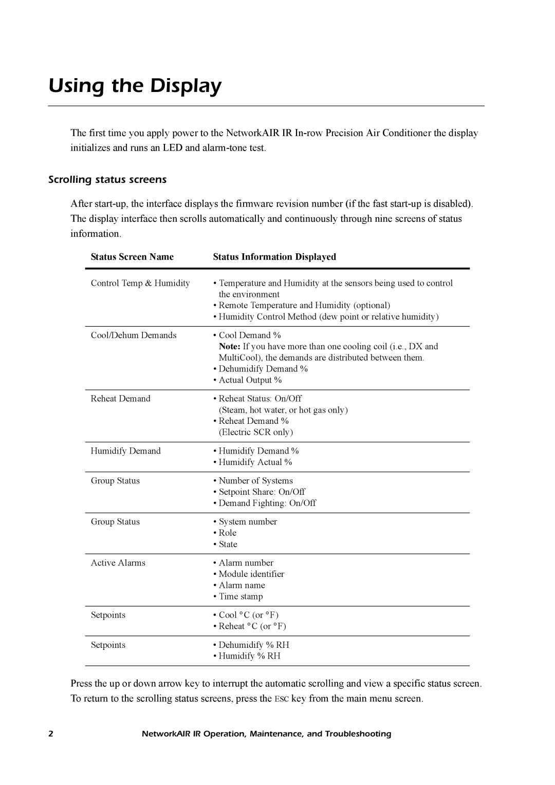 American Power Conversion Central Air Conditioning System manual Using the Display, Scrolling status screens 