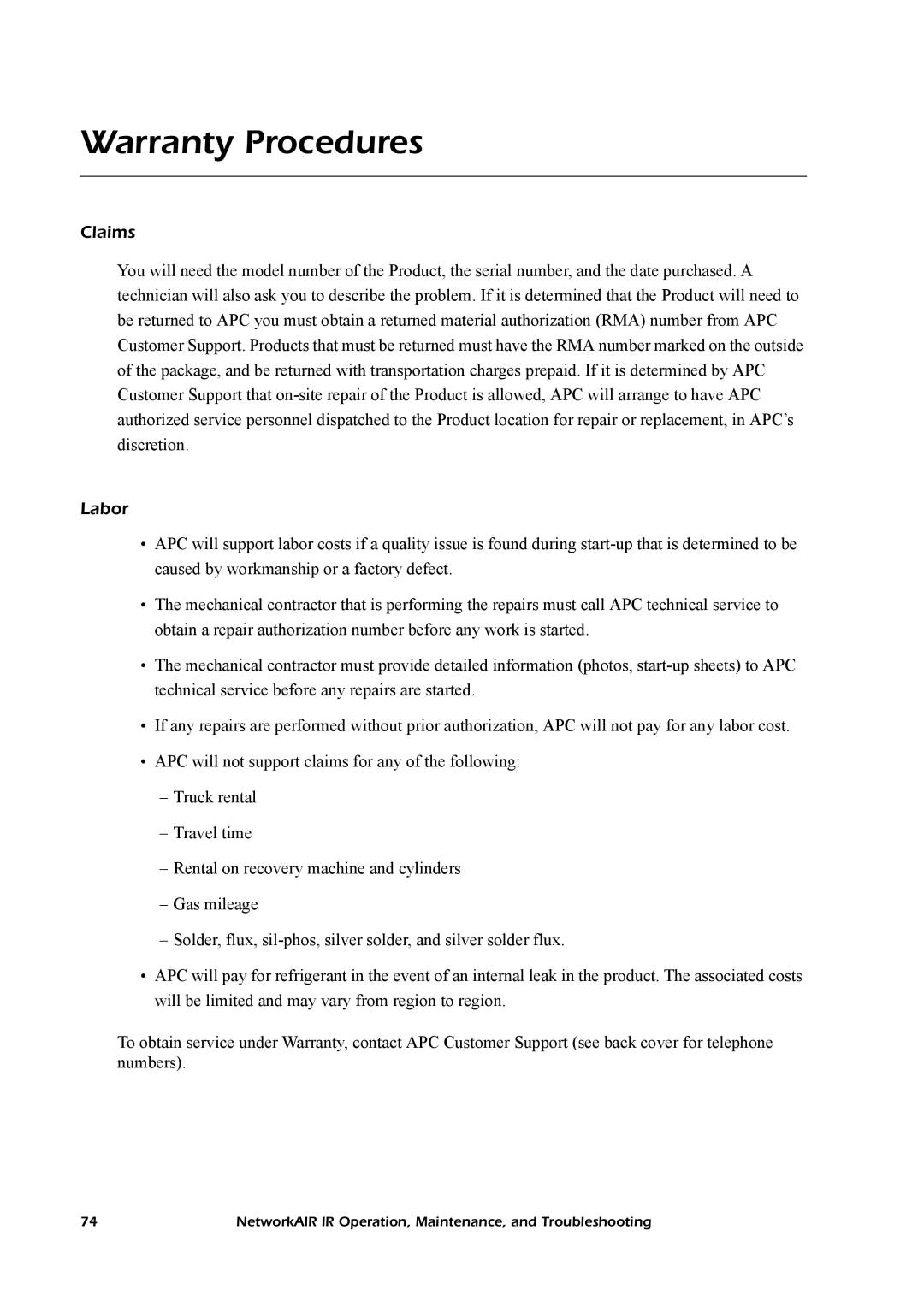 American Power Conversion Central Air Conditioning System manual Warranty Procedures, Claims, Labor 