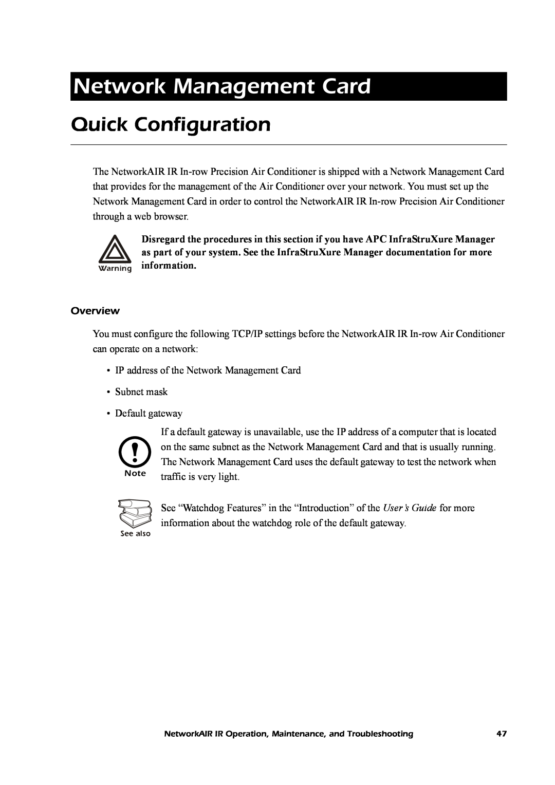 American Power Conversion Central Air Conditioning System manual Network Management Card, Quick Configuration 