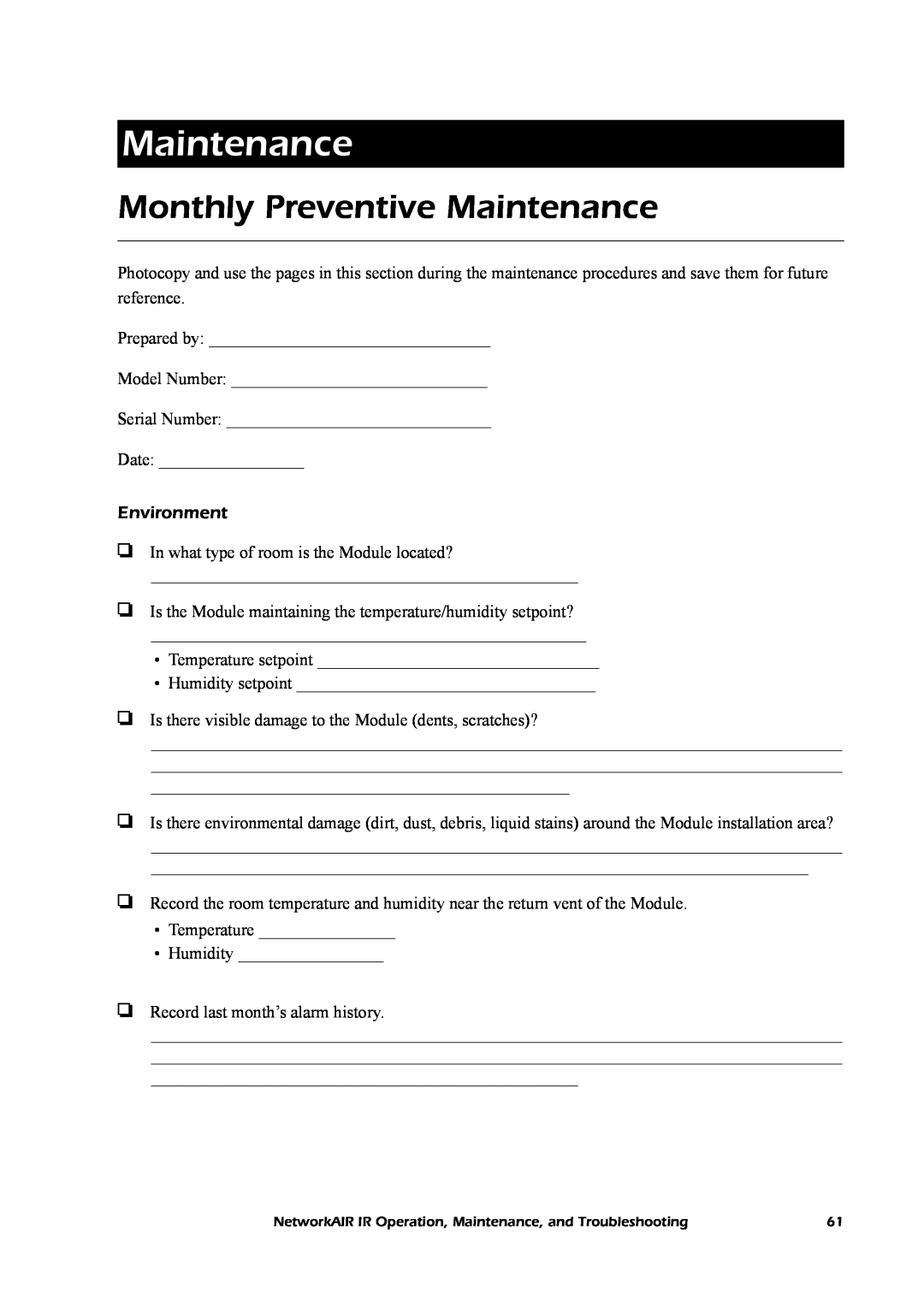 American Power Conversion Central Air Conditioning System manual Monthly Preventive Maintenance 