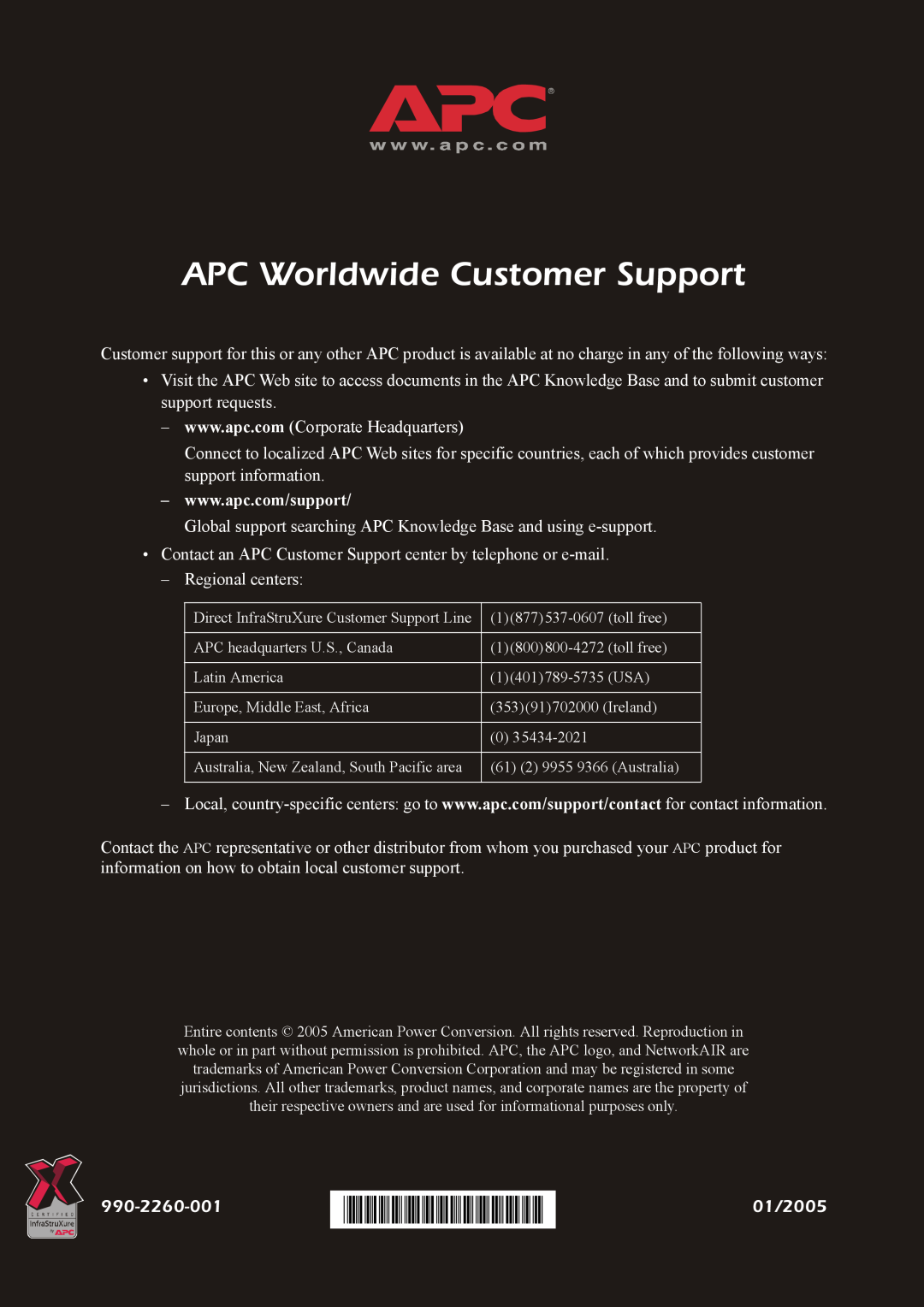 American Power Conversion Central Air Conditioning System manual APC Worldwide Customer Support, 990-2260-001, 01/2005 