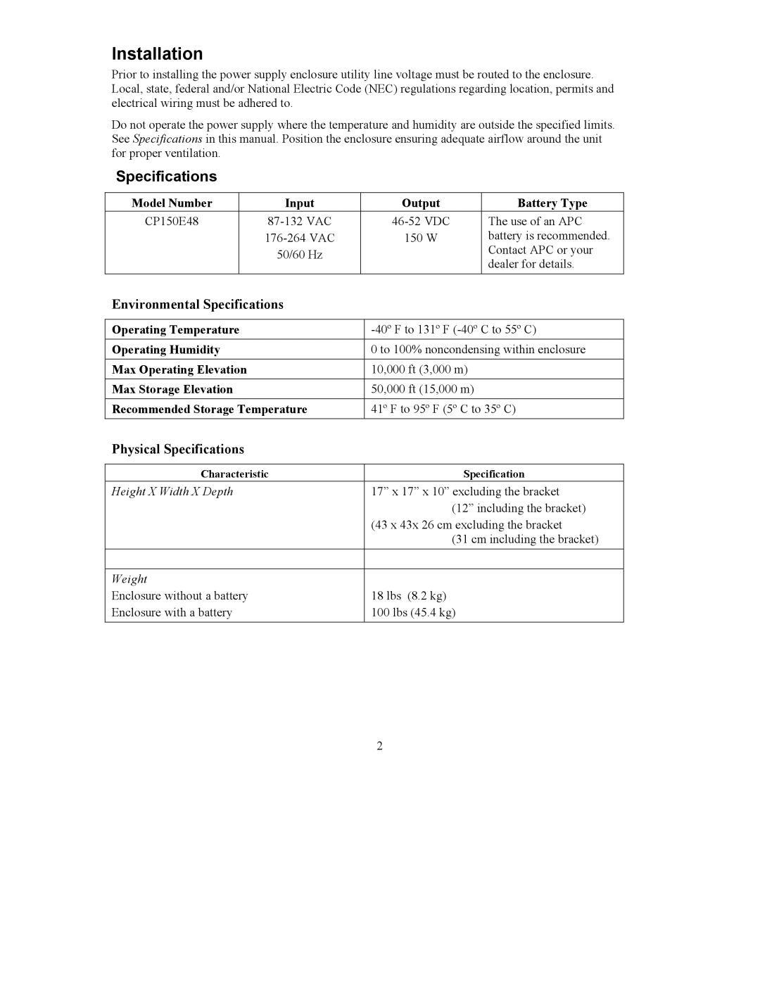 American Power Conversion CP150E48 user manual Installation, Environmental Specifications, Physical Specifications 