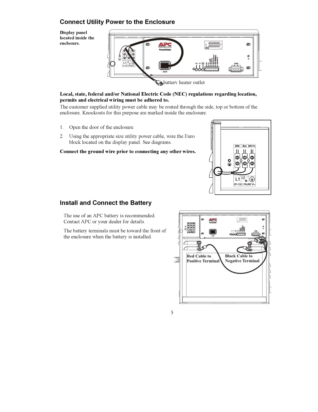 American Power Conversion CP150E48 user manual Connect Utility Power to the Enclosure, Install and Connect the Battery 