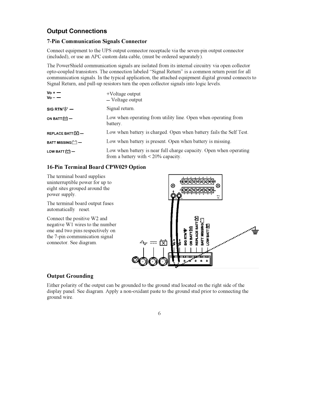 American Power Conversion CP150E48 user manual Output Connections, Pin Communication Signals Connector, Output Grounding 