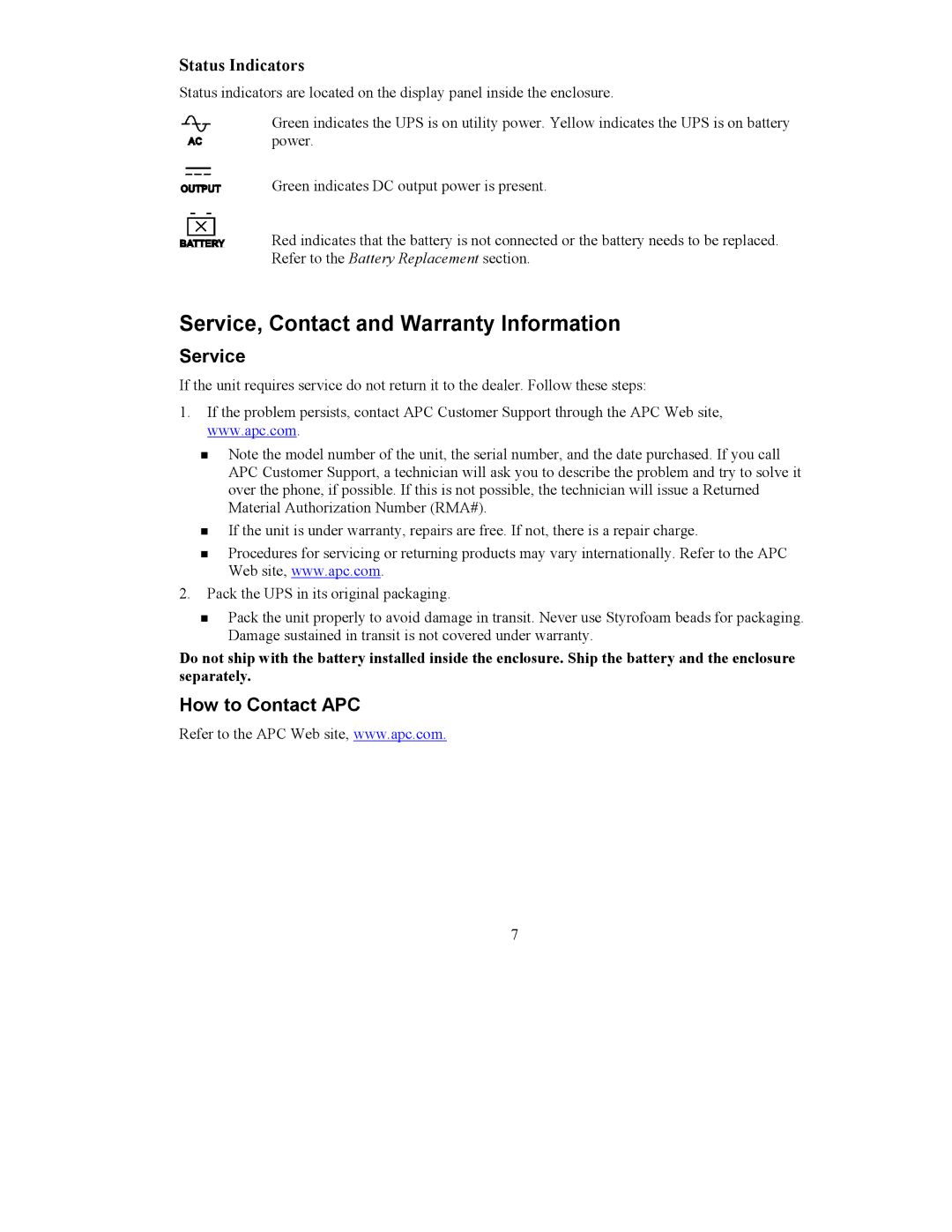 American Power Conversion CP150E48 Service, Contact and Warranty Information, How to Contact APC, Status Indicators 