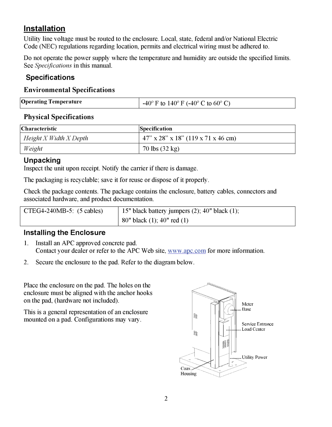 American Power Conversion CTEG4-240MB-5 user manual Installation, Specifications, Unpacking, Installing the Enclosure 