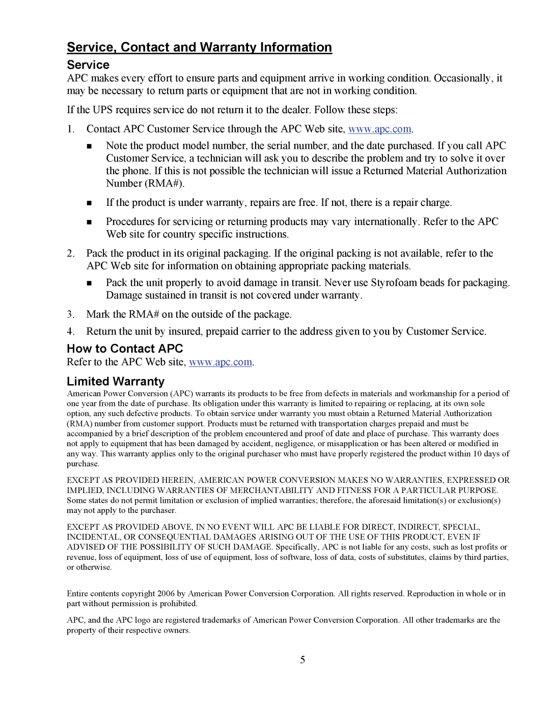 American Power Conversion CTEG4-240MB-5 Service, Contact and Warranty Information, How to Contact APC Limited Warranty 