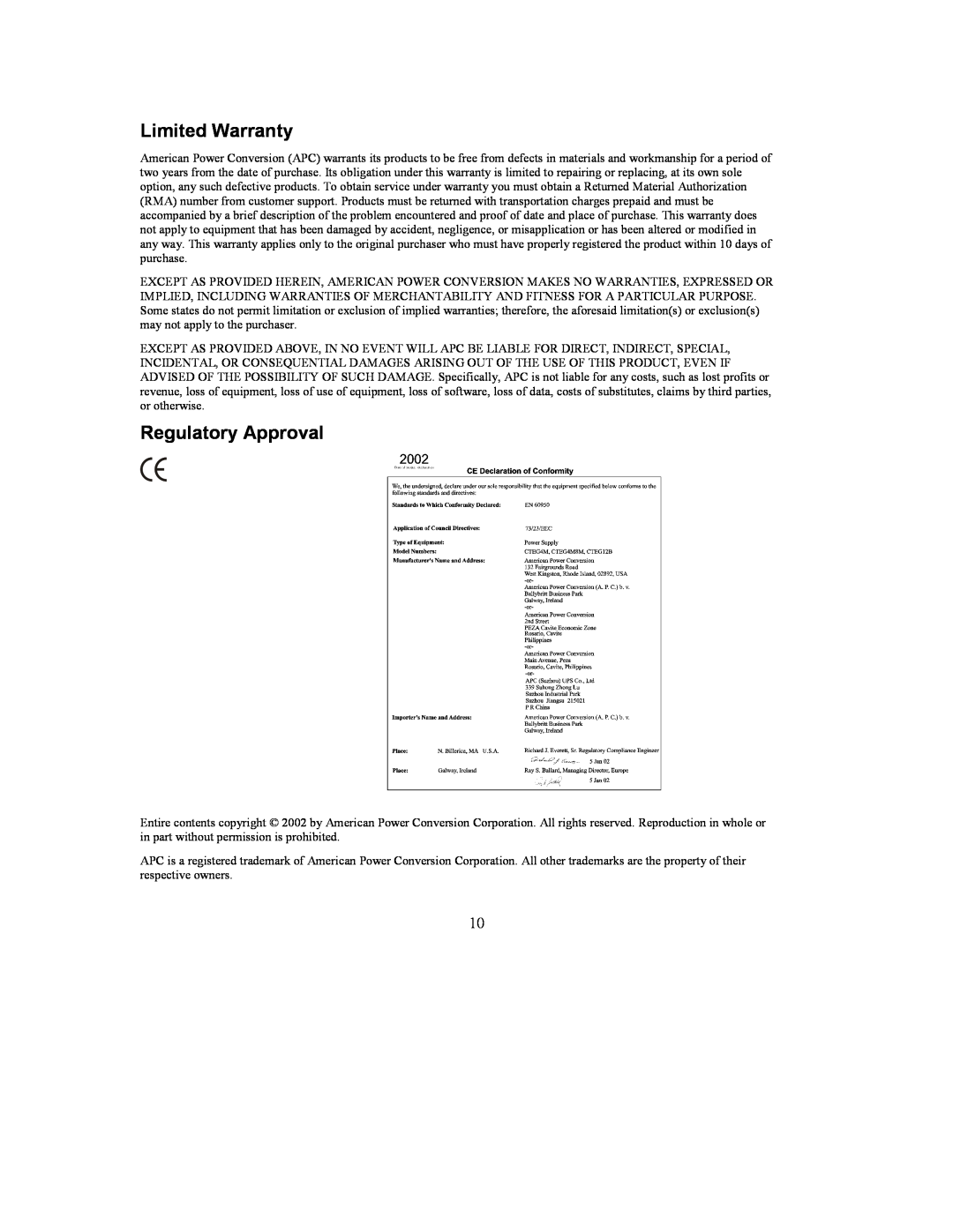American Power Conversion CTEG4M user manual Limited Warranty, Regulatory Approval 