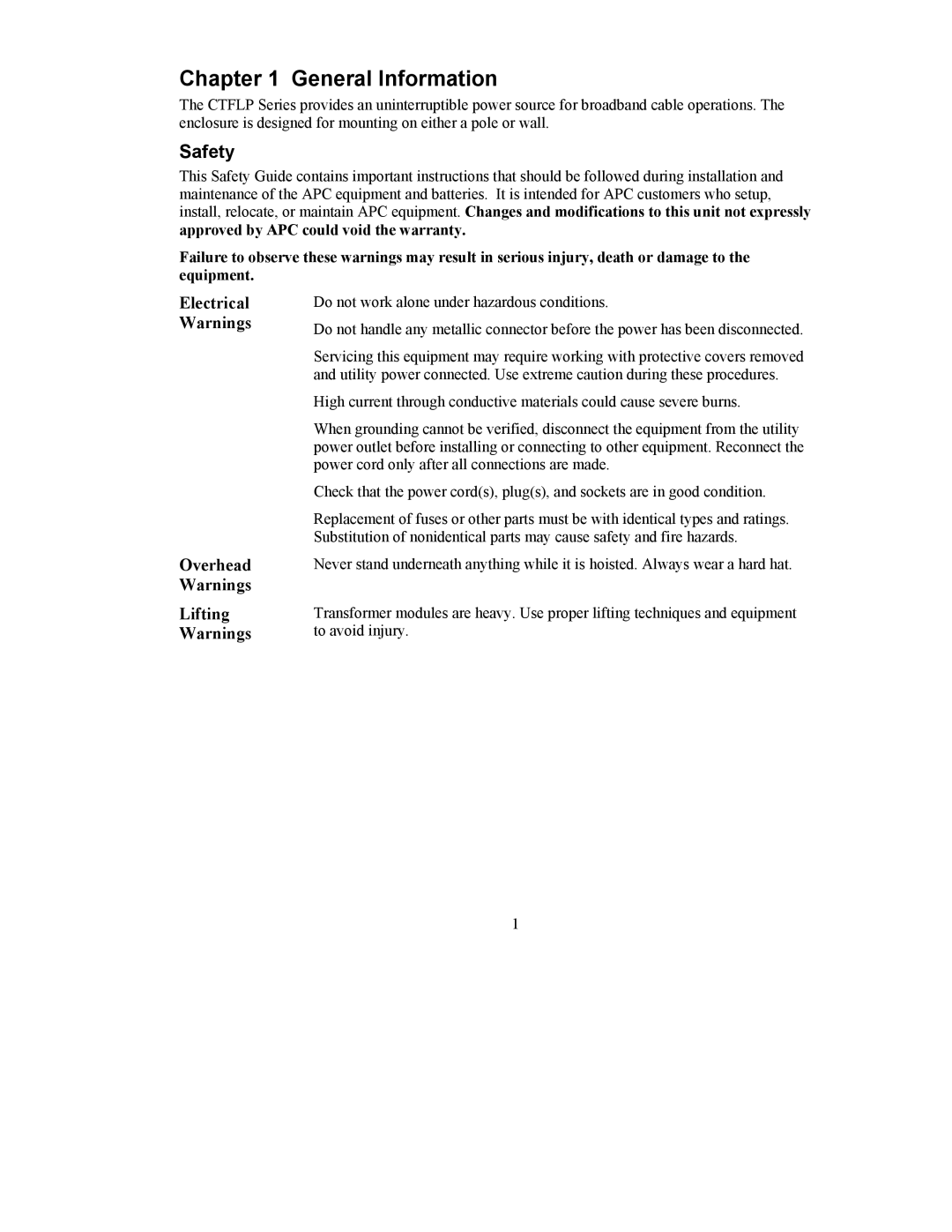 American Power Conversion CTFLP Series General Information, Safety, Electrical Warnings Overhead Warnings, Lifting 