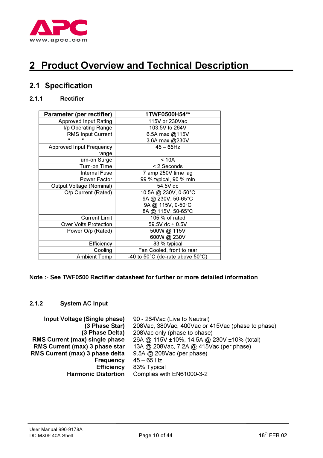 American Power Conversion DC Series user manual Product Overview and Technical Description, Specification 