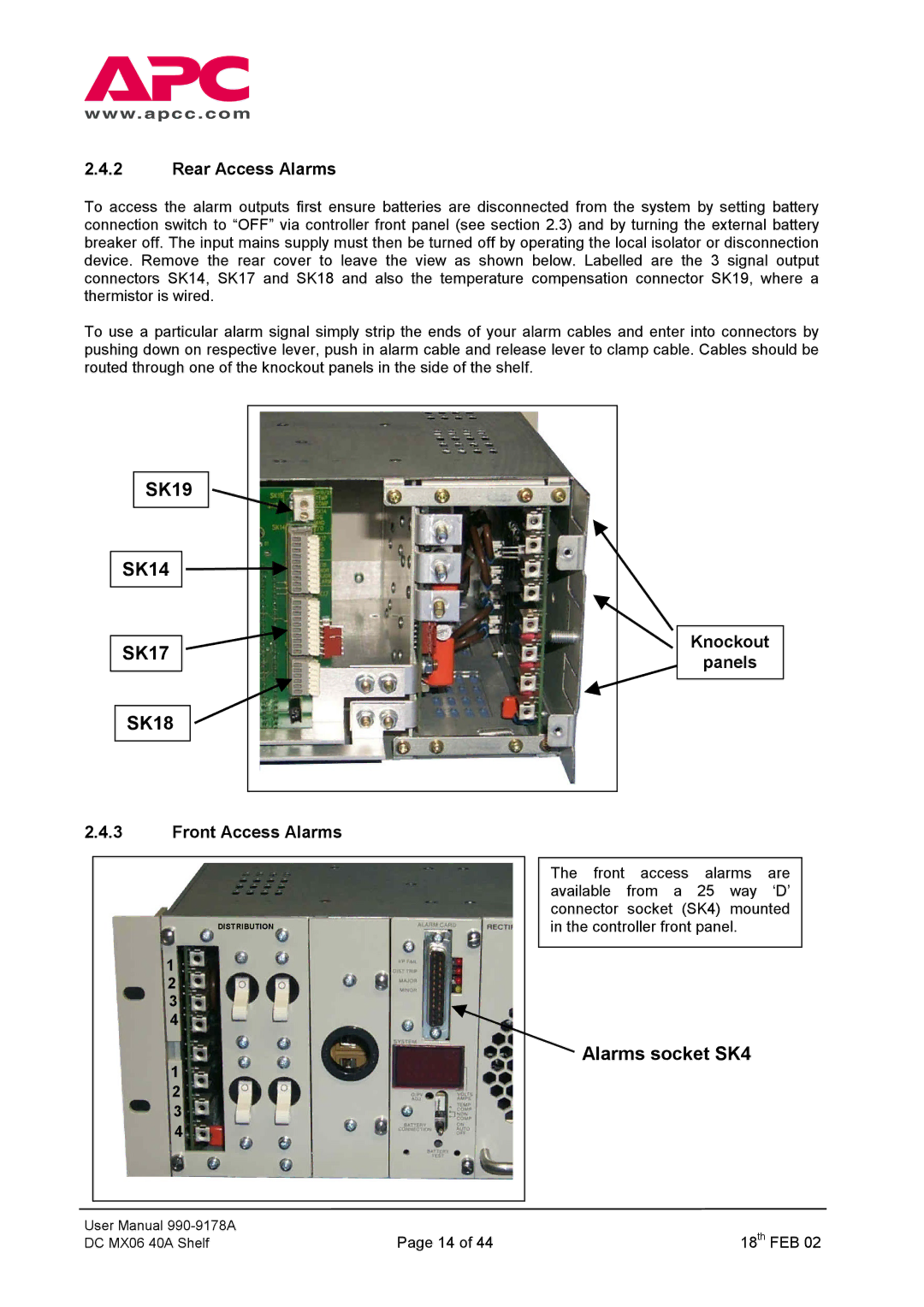 American Power Conversion DC Series user manual Rear Access Alarms, Front Access Alarms Knockout Panels 