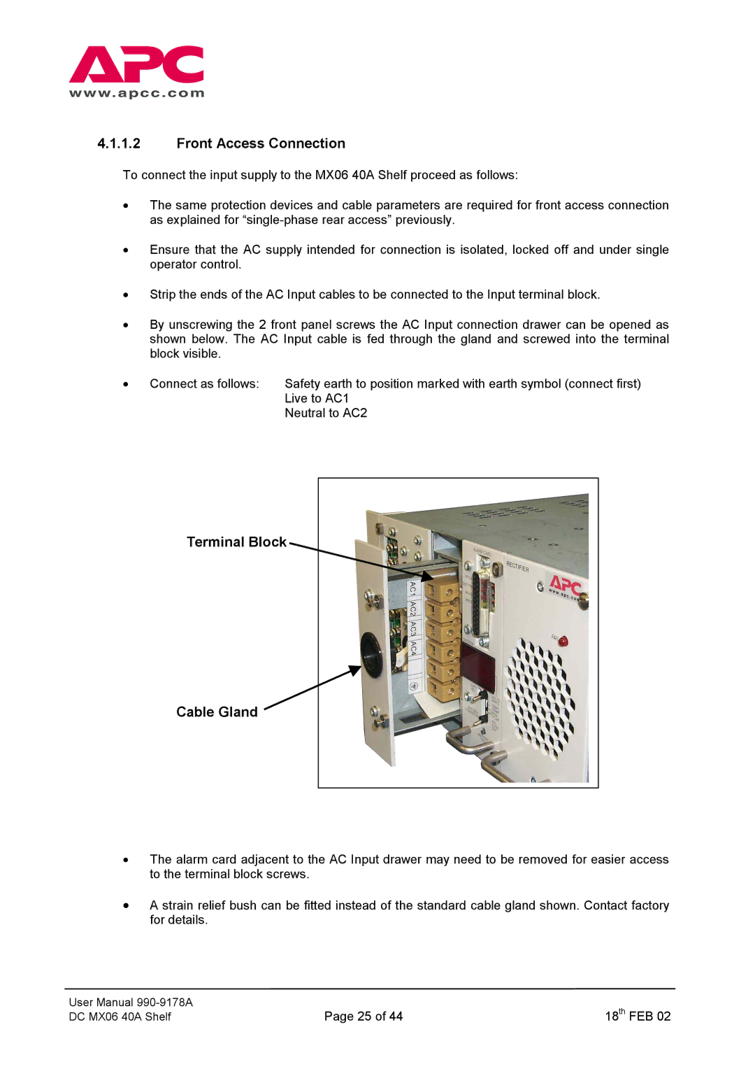 American Power Conversion DC Series user manual Front Access Connection, Terminal Block Cable Gland 