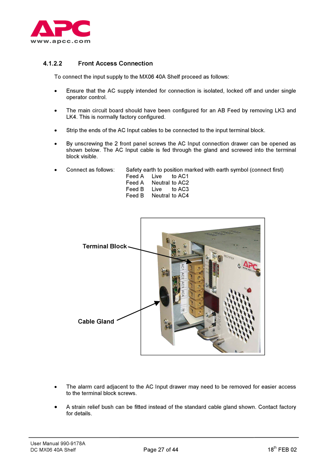 American Power Conversion DC Series user manual Front Access Connection 