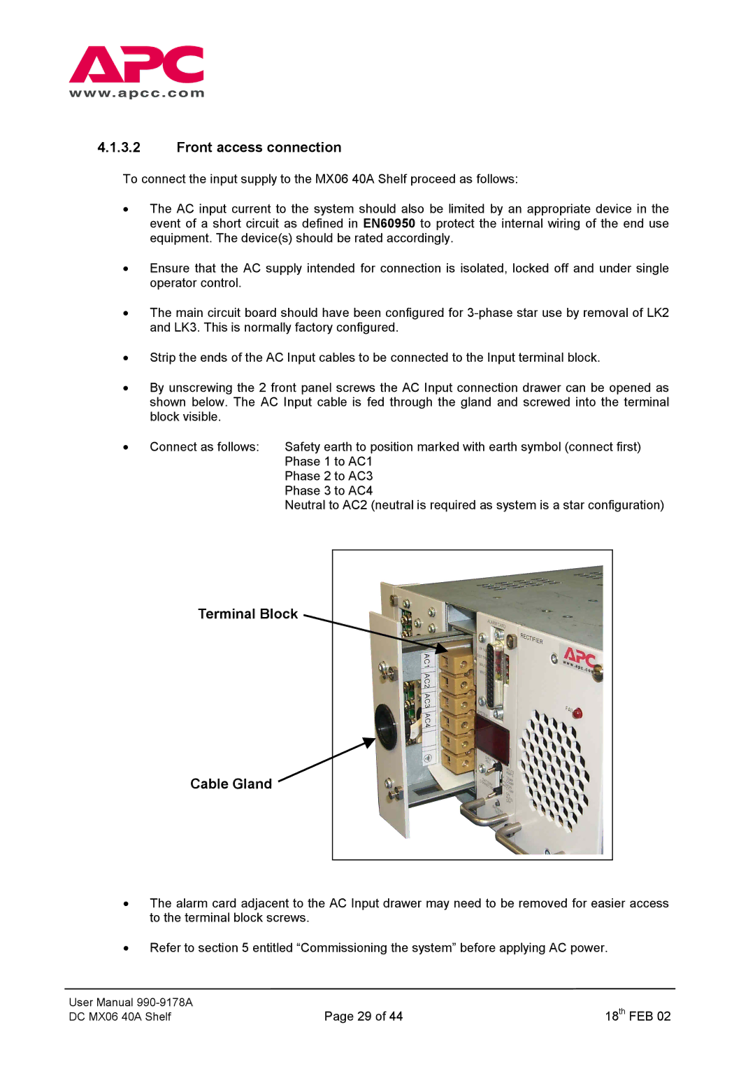 American Power Conversion DC Series user manual Front access connection 