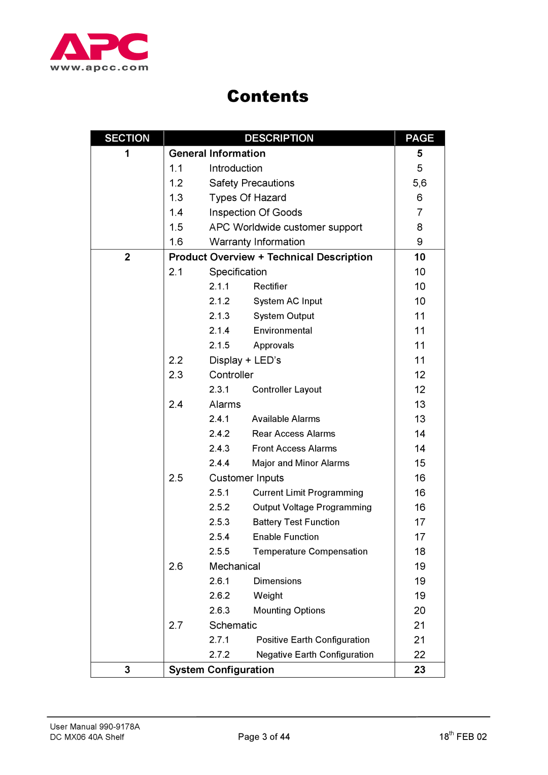 American Power Conversion DC Series user manual Contents 