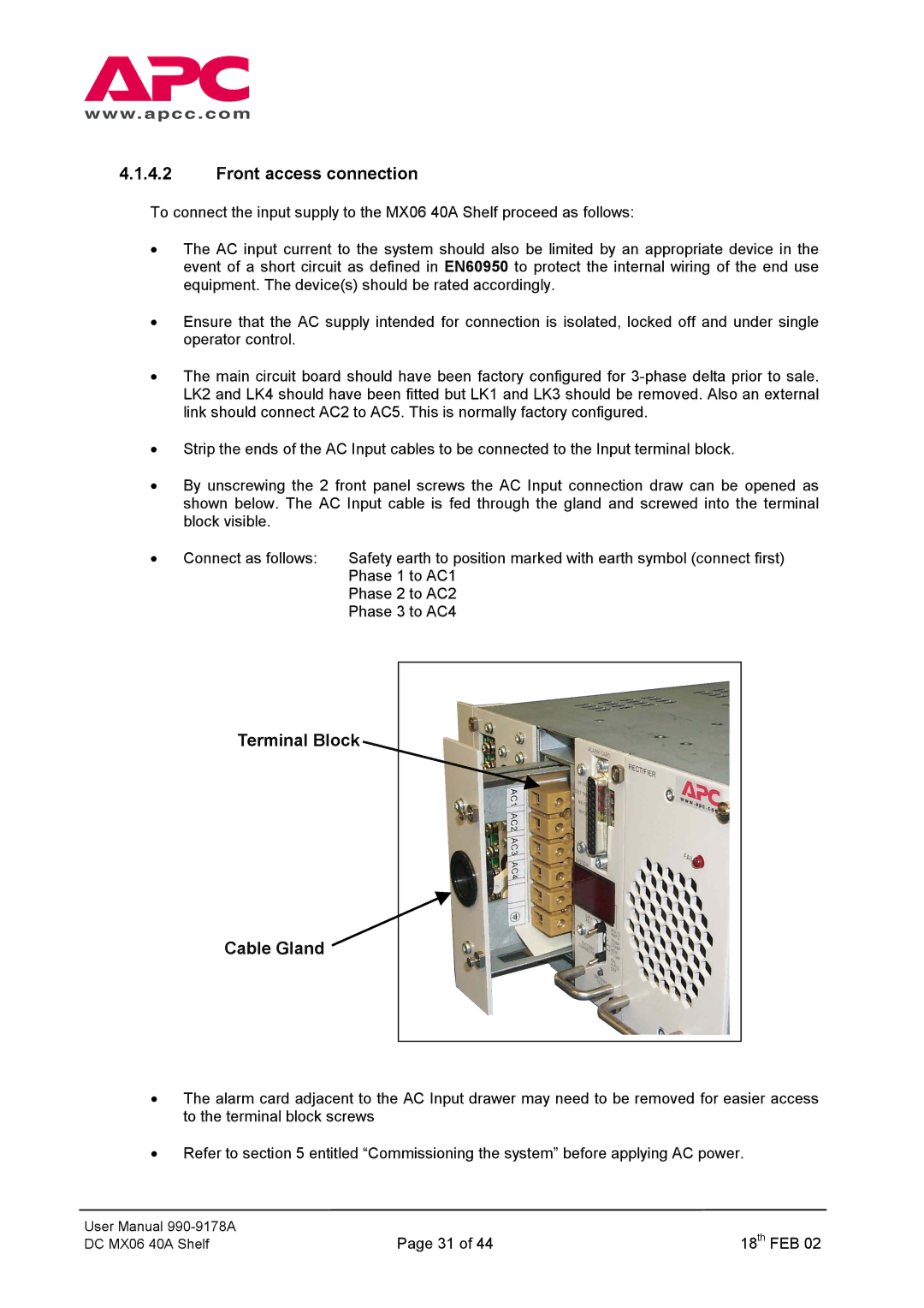 American Power Conversion DC Series user manual Front access connection 