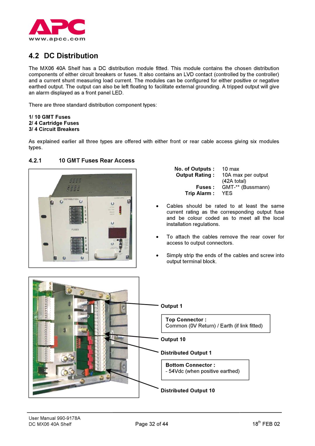 American Power Conversion DC Series user manual DC Distribution, 1 10 GMT Fuses Rear Access 