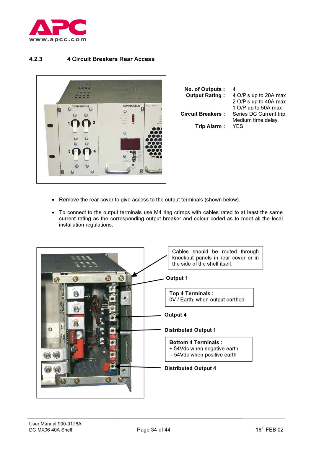 American Power Conversion DC Series user manual 3 4 Circuit Breakers Rear Access 