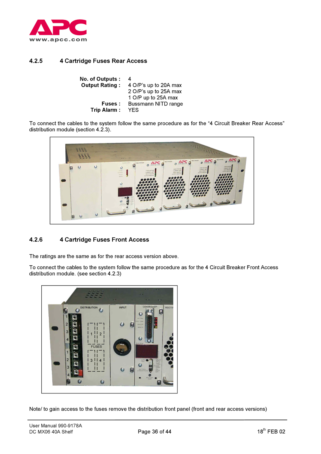 American Power Conversion DC Series user manual 5 4 Cartridge Fuses Rear Access, 6 4 Cartridge Fuses Front Access 