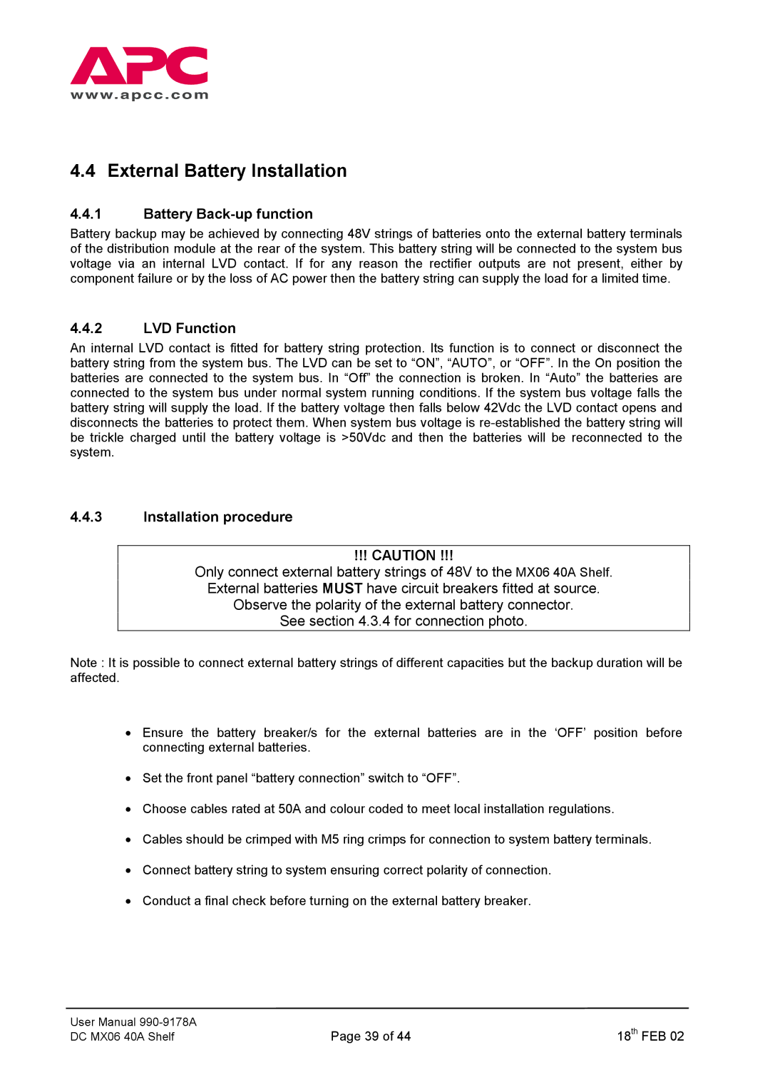 American Power Conversion DC Series user manual External Battery Installation, Battery Back-up function, LVD Function 