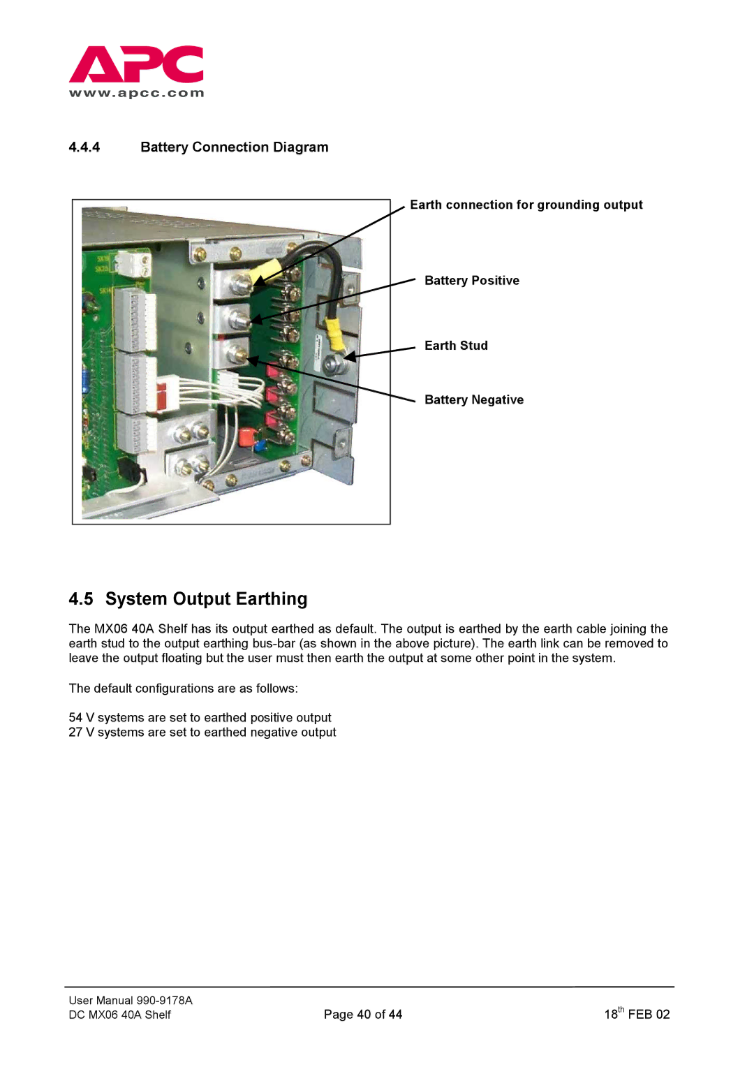 American Power Conversion DC Series user manual System Output Earthing, Battery Connection Diagram 