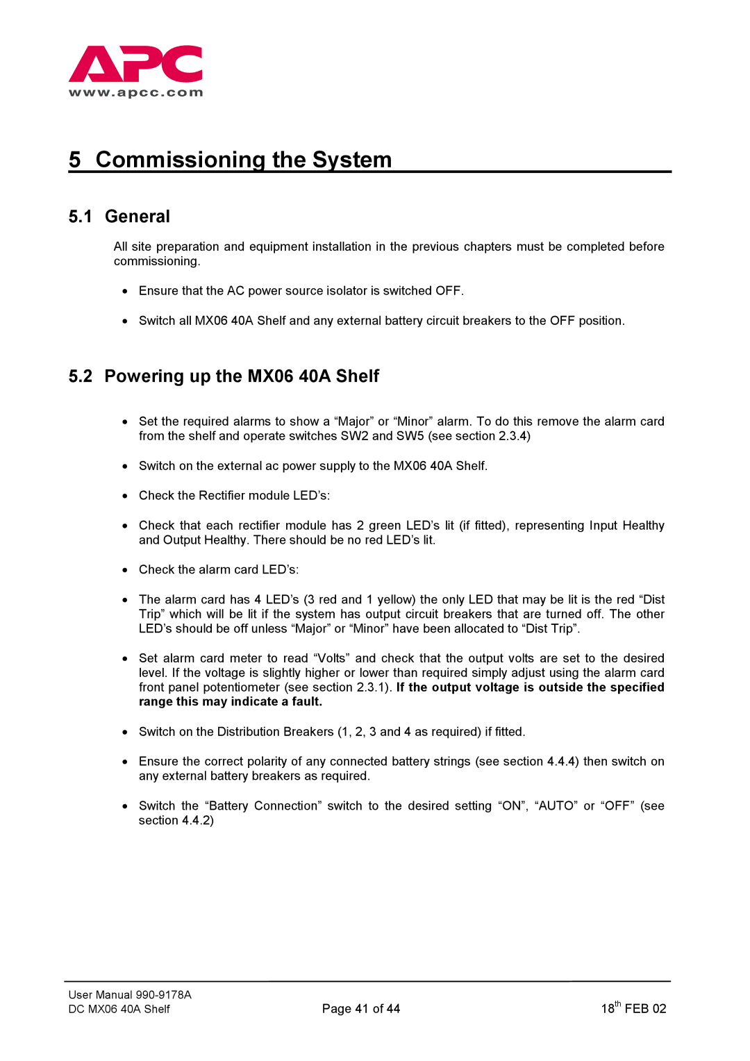 American Power Conversion DC Series user manual Commissioning the System, General, Powering up the MX06 40A Shelf 