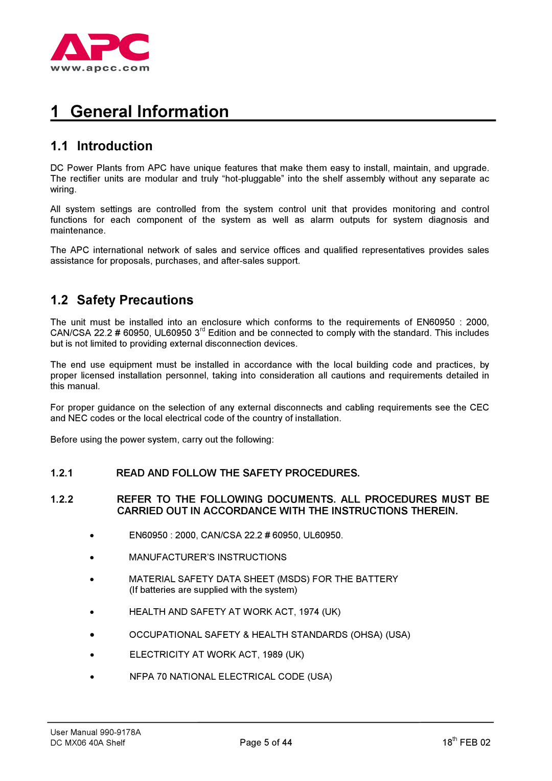 American Power Conversion DC Series user manual General Information, Introduction, Safety Precautions 