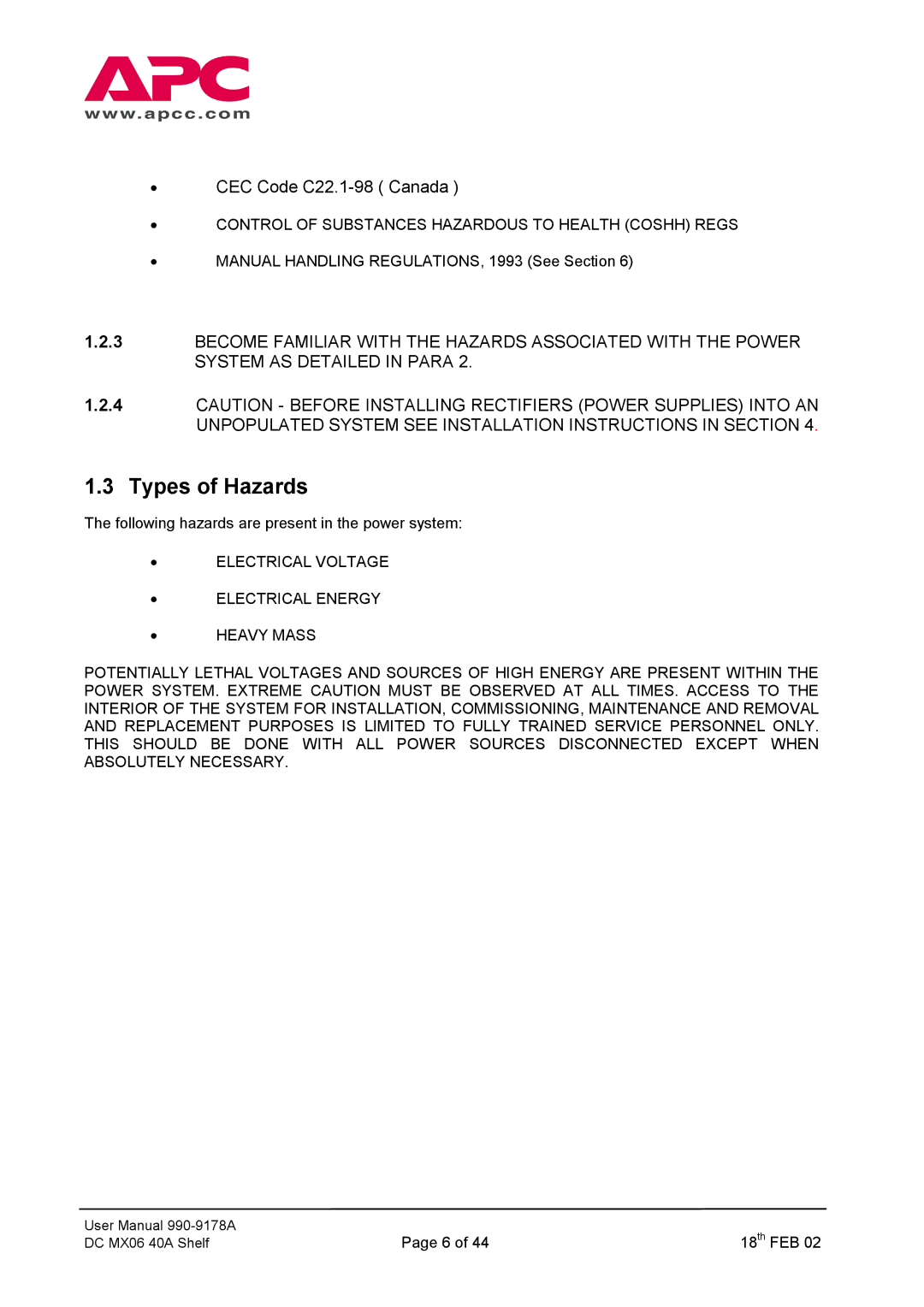 American Power Conversion DC Series user manual Types of Hazards, CEC Code C22.1-98 Canada 