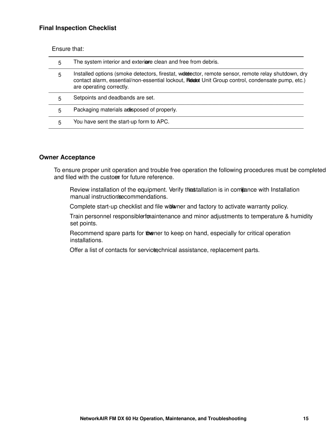 American Power Conversion FM, DX manual Final Inspection Checklist, Owner Acceptance 