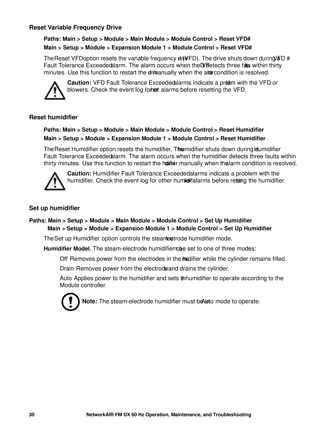 American Power Conversion DX, FM manual Reset Variable Frequency Drive, Reset humidifier, Set up humidifier 