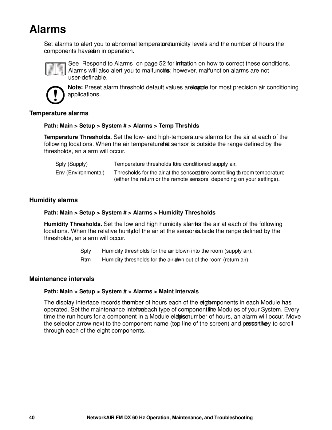 American Power Conversion DX, FM manual Alarms, Temperature alarms, Humidity alarms, Maintenance intervals 