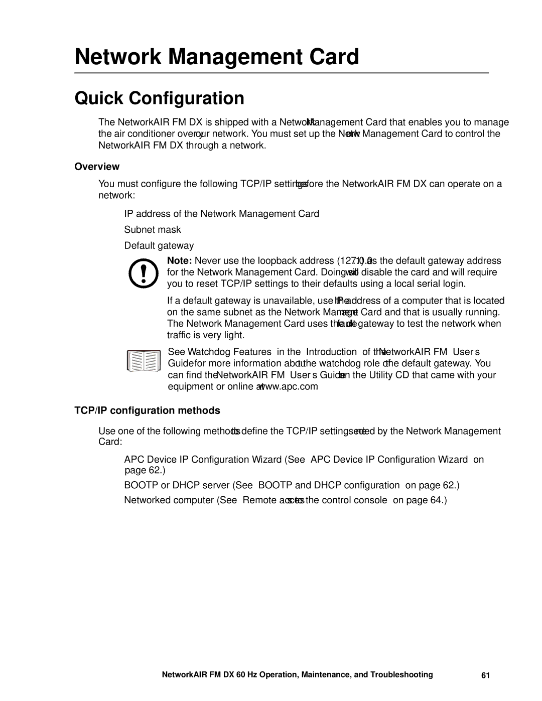 American Power Conversion FM, DX manual Quick Configuration, Overview, TCP/IP configuration methods 