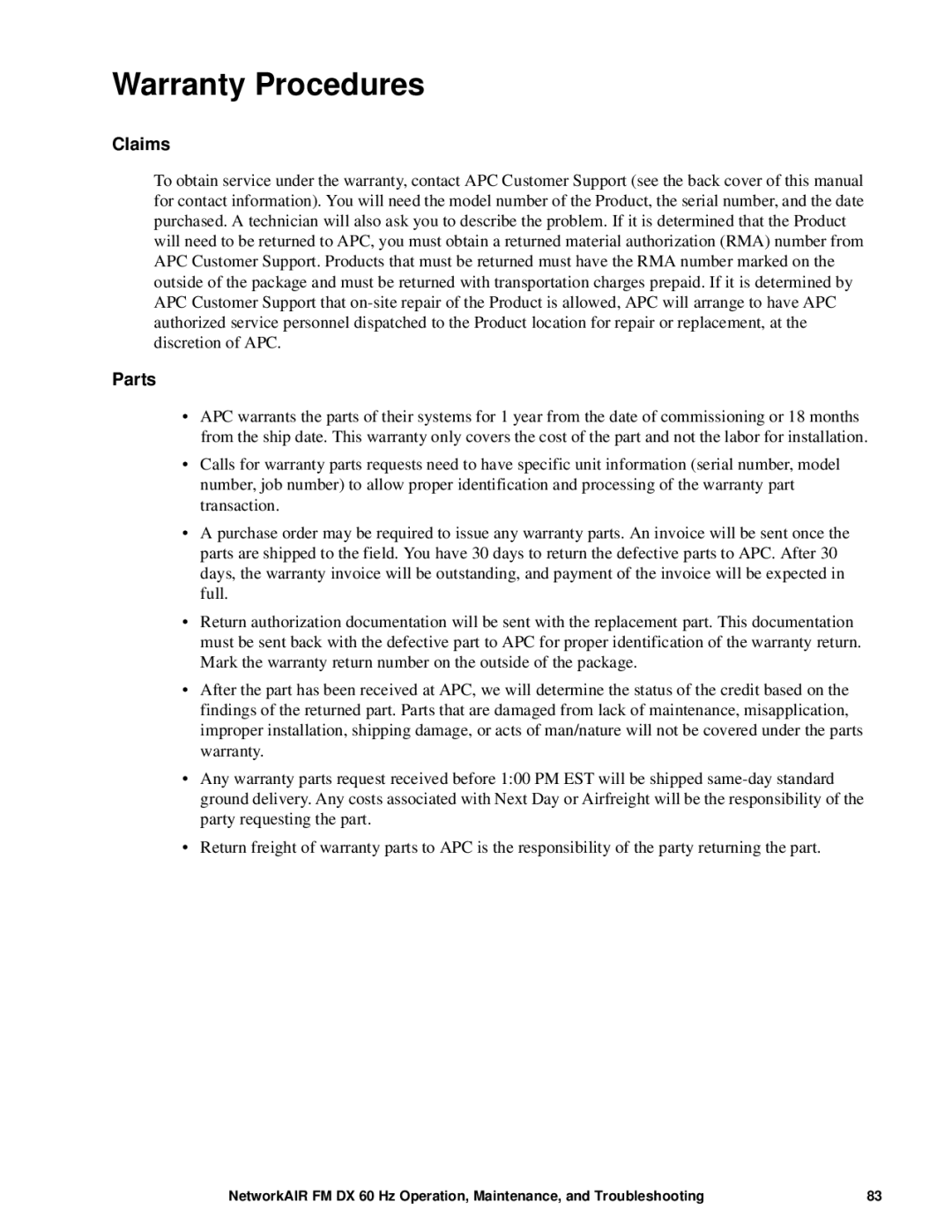 American Power Conversion FM, DX manual Warranty Procedures, Claims, Parts 