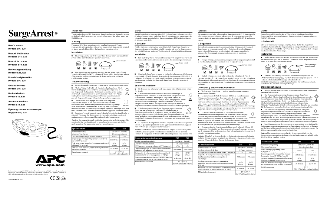 American Power Conversion E15 specifications Thank you, Safety, Installation, Troubleshooting, Merci, Sécurité, ¡Gracias 