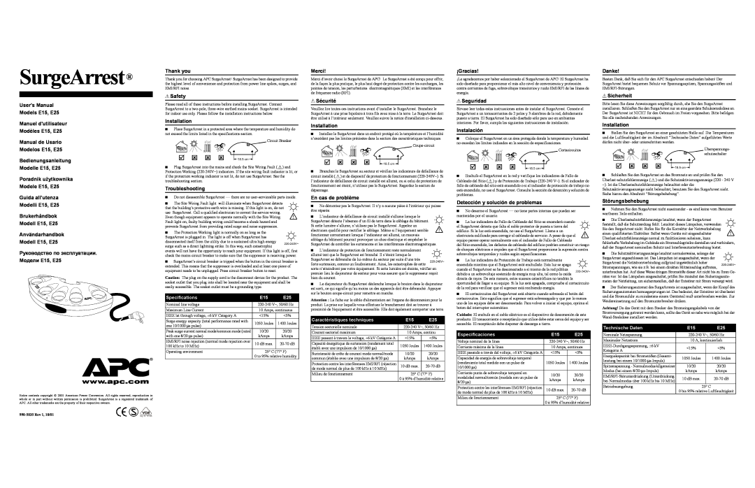 American Power Conversion E15, E25 specifications SurgeArrest, Rev 1, 10/01 